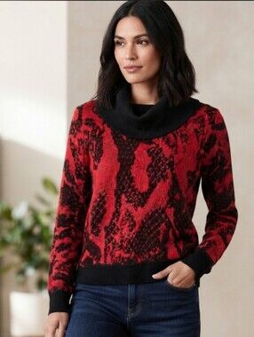 Jones New York Collection Red Black Animal Print Cowl Neck Sweater Size Large
